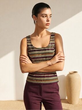 Vintage Y2K XSCAPE Striped Metallic Tank Top 90s 2000s Fold Burgundy Size 8